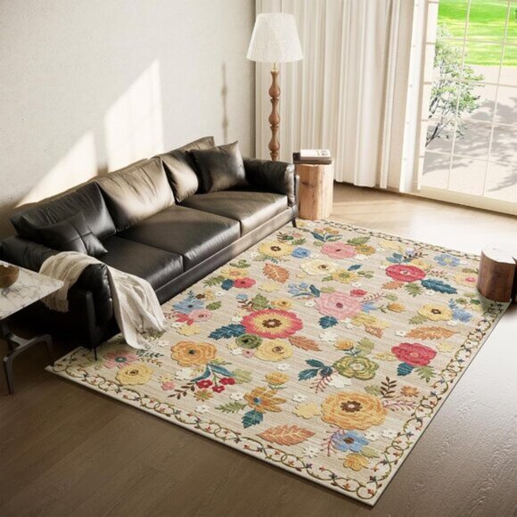New 5x7 Machine Washable Area Rug Vintage Floral Soft Non-Slip Bedroom Mat